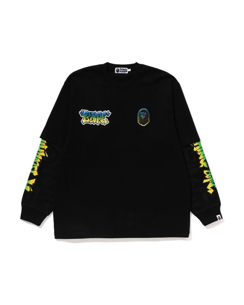 Camiseta Bape Lux Deporte Pattern Oversized Double Long Sleeve Hombre Negros | 932-KBZSQP