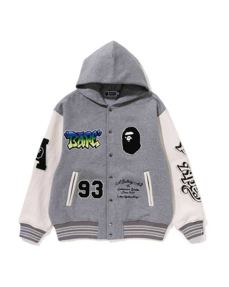 Chamarras Bape Lux Deporte Badges Oversized Encapuchado Sweat Varsity Hombre Grises | 071-IFYEBT