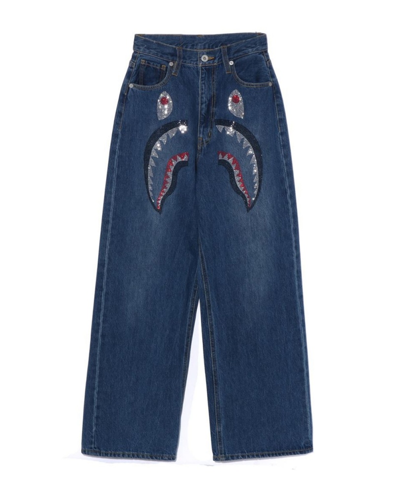 Pantalon Bape Crystal Stone Shark High Cintura Denim Mujer Azules | 437-JUXKWO