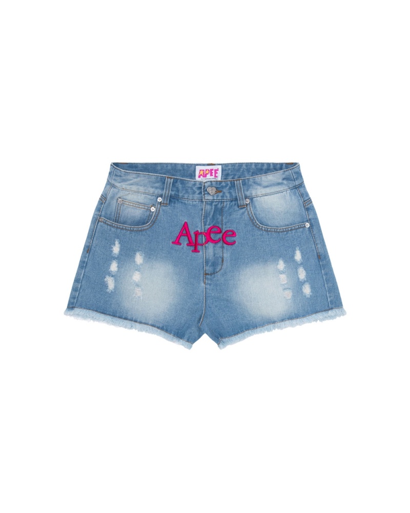 Short Bape Logo denim Mujer Azules | 129-ZYTWLG