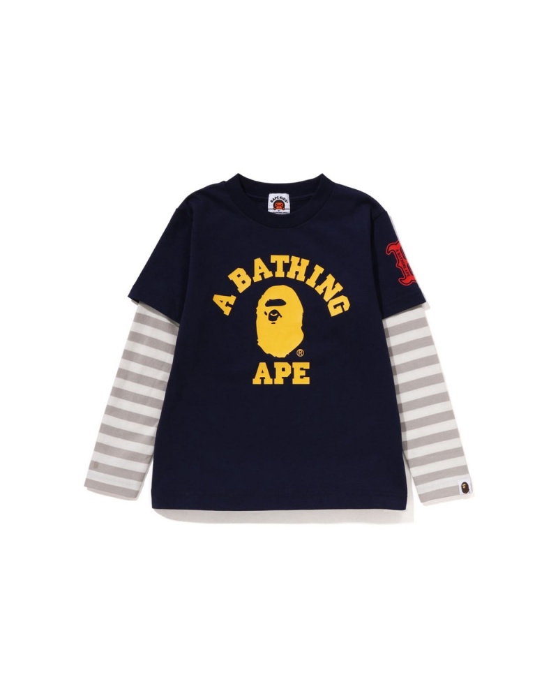 Tops Bape College Multi Logo Layered L/S Niños Azul Marino Azules | 341-YFNIGU